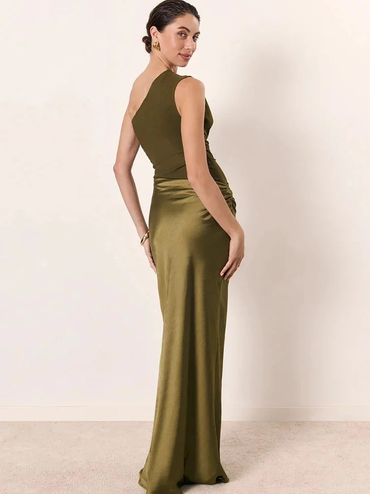 Robe Longue Satin Patchwork Une Épaule – Élégante Soirée & Club