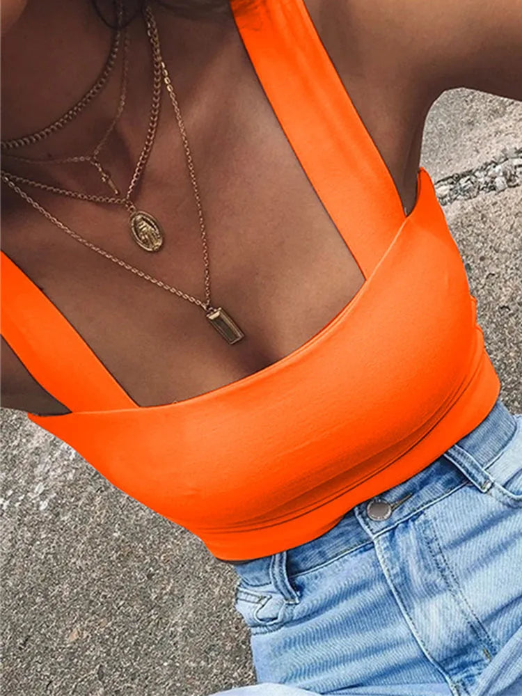 Crop Top Dos Nu Sans Manches – Col Carré, Stretch, Été