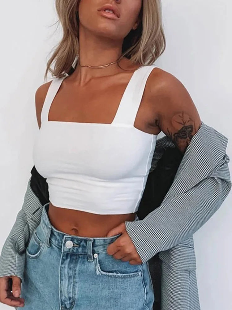 Crop Top Dos Nu Sans Manches – Col Carré, Stretch, Été