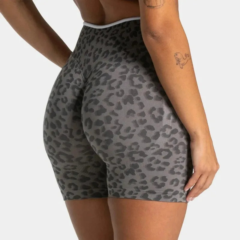 Short Sport Imprimé Léopard Femme – Taille Haute, Sans Coutures, Gainant