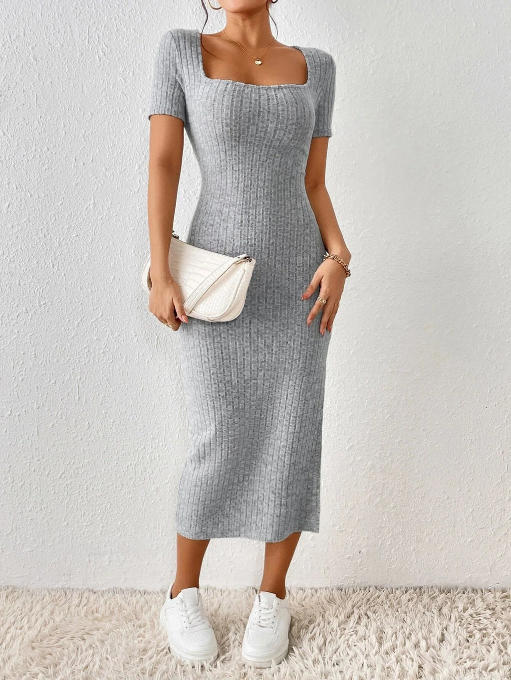 Robe Tricotée Col Carré Fente Latérale – Style Casual Printemps Été