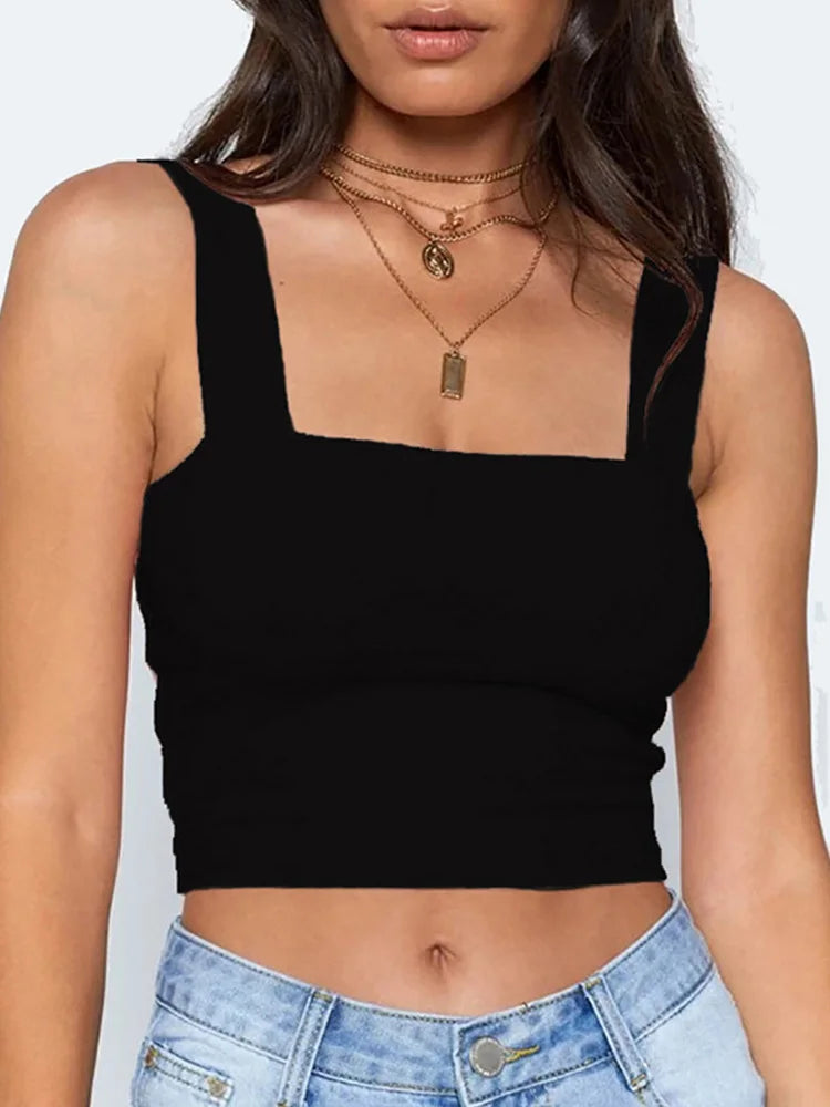 Crop Top Dos Nu Sans Manches – Col Carré, Stretch, Été
