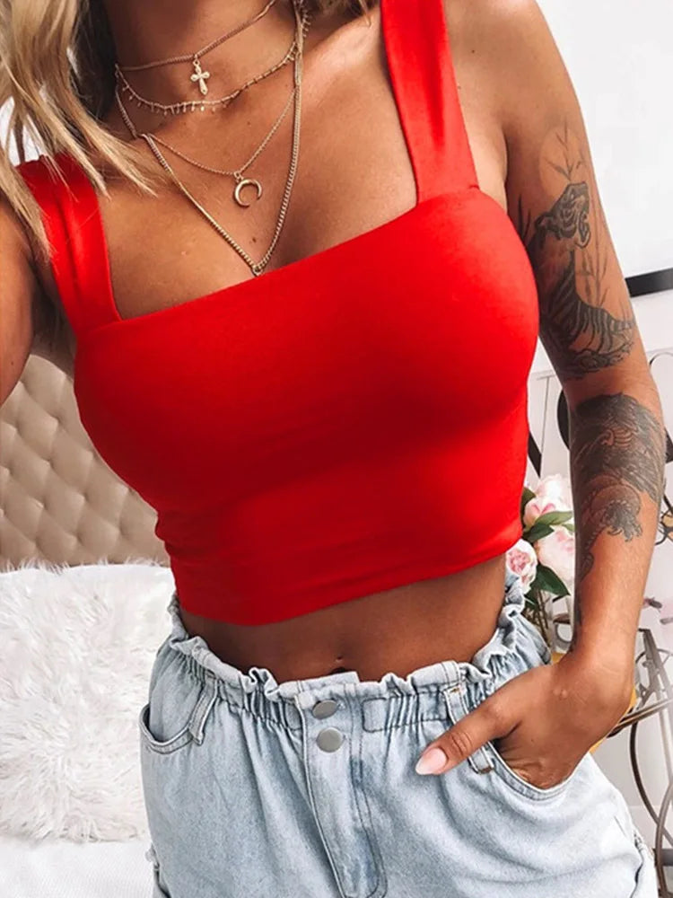 Crop Top Dos Nu Sans Manches – Col Carré, Stretch, Été