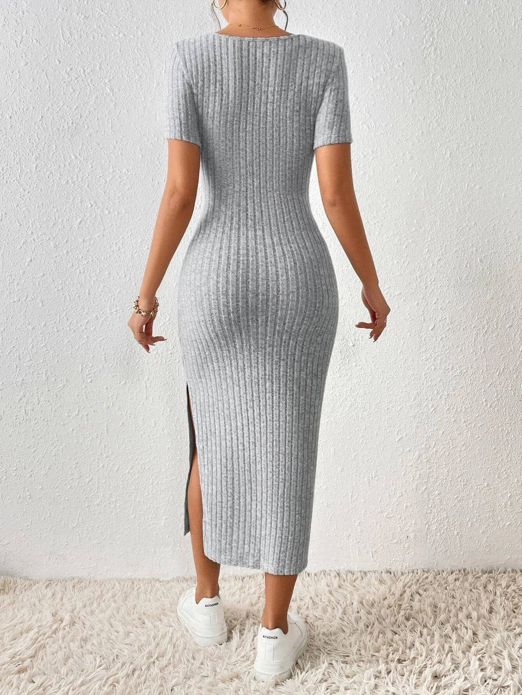 Robe Tricotée Col Carré Fente Latérale – Style Casual Printemps Été