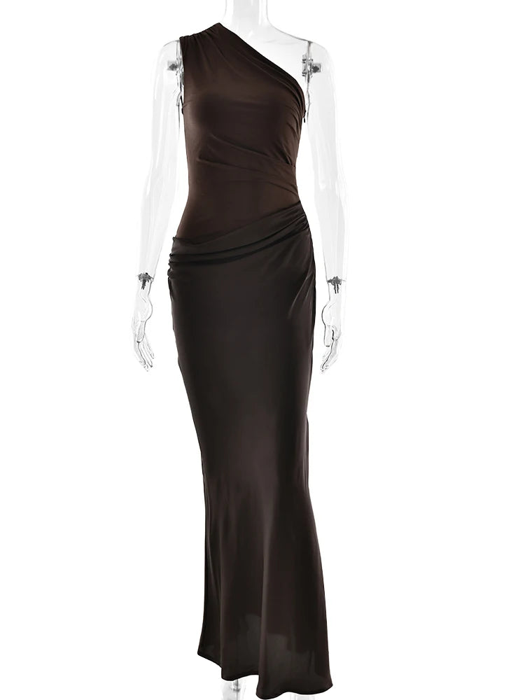 Robe Longue Satin Patchwork Une Épaule – Élégante Soirée & Club